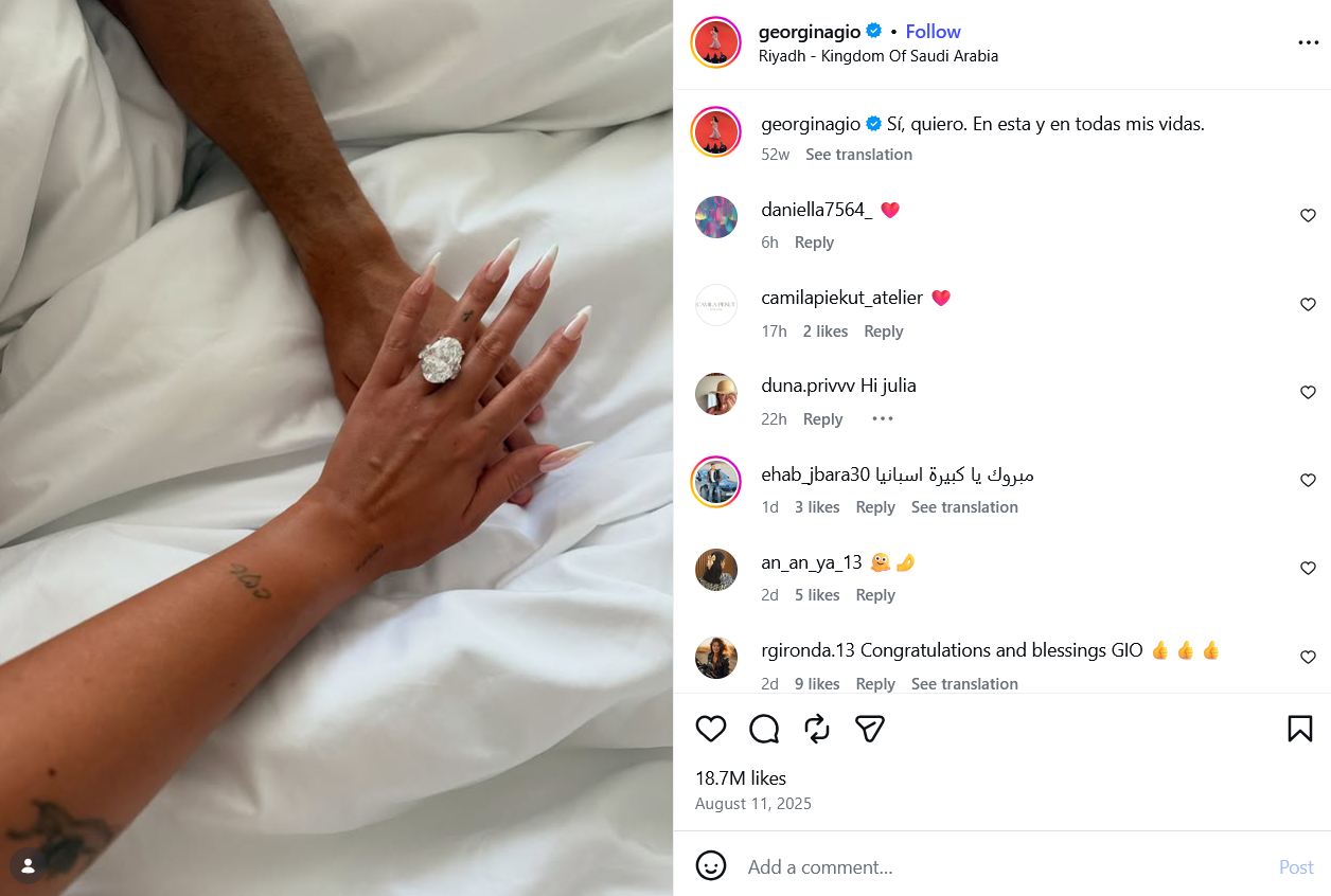 Newlywed Georgina Rodríguez Flaunts Massive Diamond Ring in Stunning Bridal-Inspired Look | Wikibash